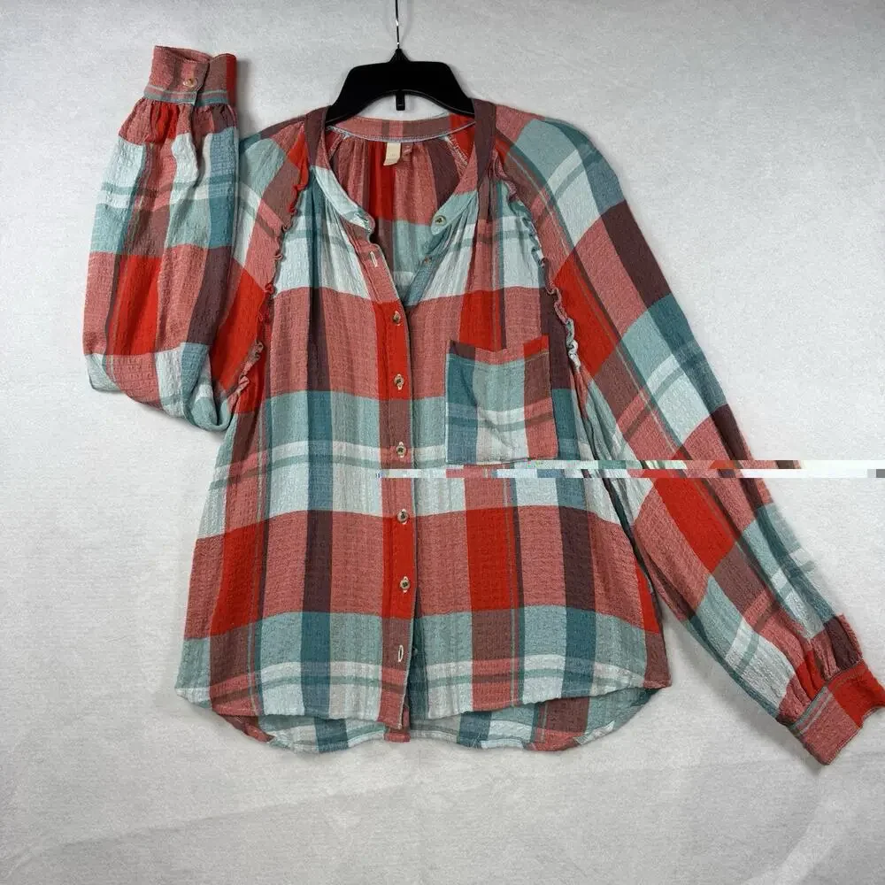Anthropologie Pilcro Breezy Button down Plaid Blouse Women Medium Red Oversized - Picture 4 of 13